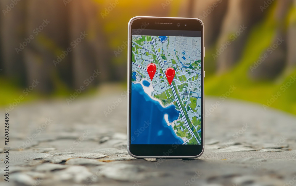 Poster smartphone displaying map with location pins on cobblestone path. smartphone with map showing locati