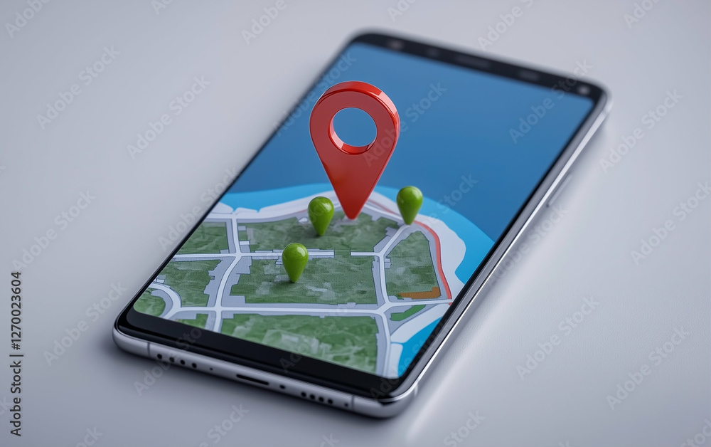 Poster Smartphone displaying map with location pins. Technology concept with mobile device showing navigation app. Map on smartphone screen with location markers