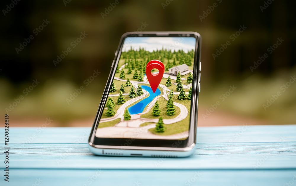 Poster smartphone displaying map with location pin on screen showing forest and river landscape. map applic