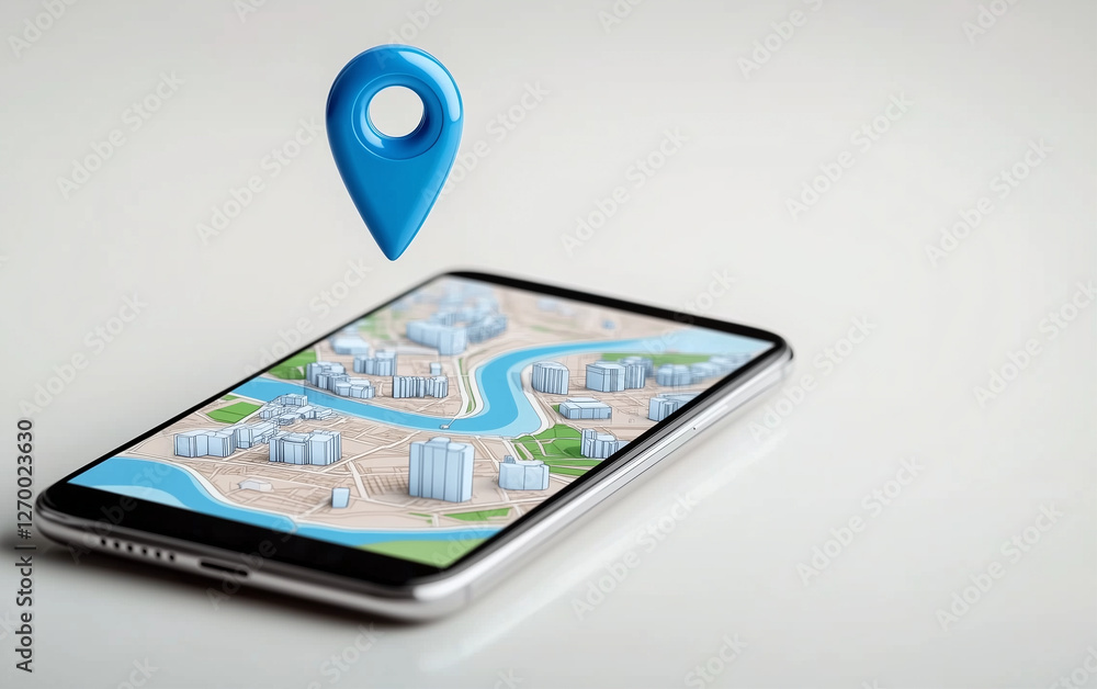 Poster Smartphone displaying city map with location pin. Smartphone showing navigation map. Location pin above smartphone with map