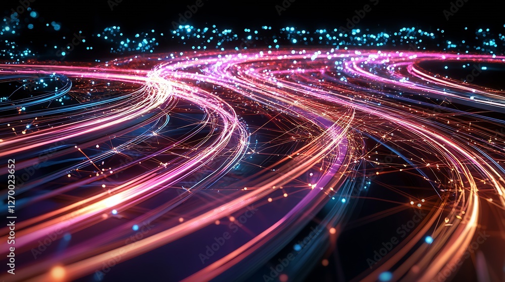 Poster Vibrant and colorful light trails on a dark background representing digital data flow and modern technology environment : Generative AI
