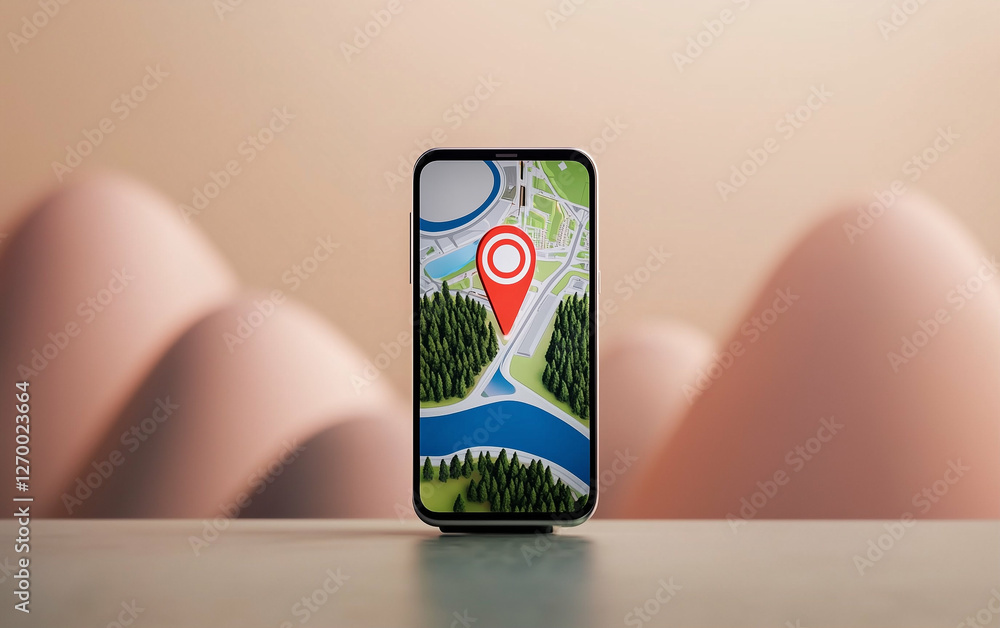 Poster Smartphone displaying map with location pin on screen with map background. Smartphone showing map and location pin. Mobile phone with map navigation app