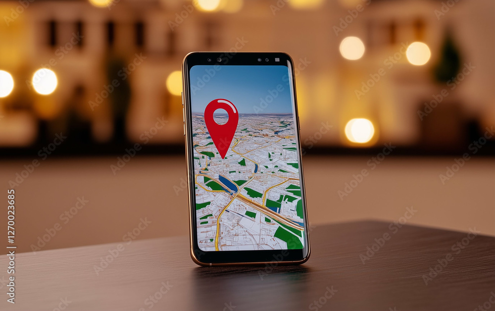 Aufkleber Smartphone displaying navigation app with red location pin on screen. Mobile technology showing map application with destination pointer. Navigation app on smartphone