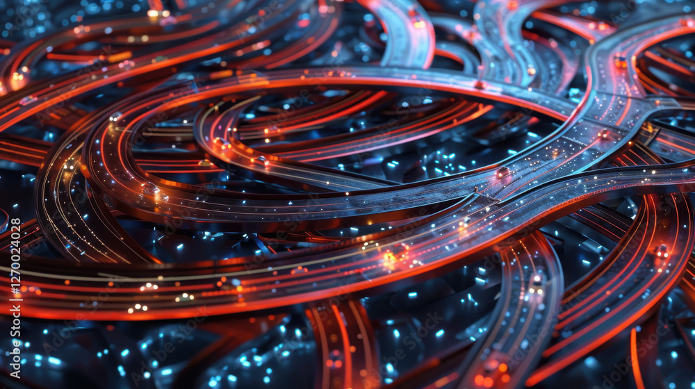Aufkleber abstract digital art featuring intricate glowing lines in red and blue, creating dynamic and vibrant