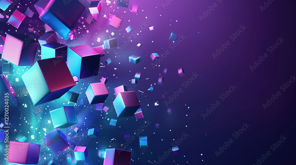 Poster vibrant 3d cubes floating in colorful abstract space, creating dynamic visual effect. scene features