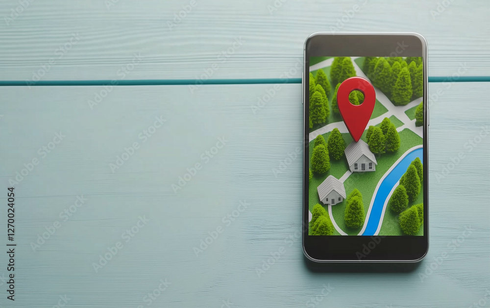 Poster Smartphone displaying map with location pin. Mobile phone showing navigation app with red location marker on screen. Location pin on smartphone map with houses and trees