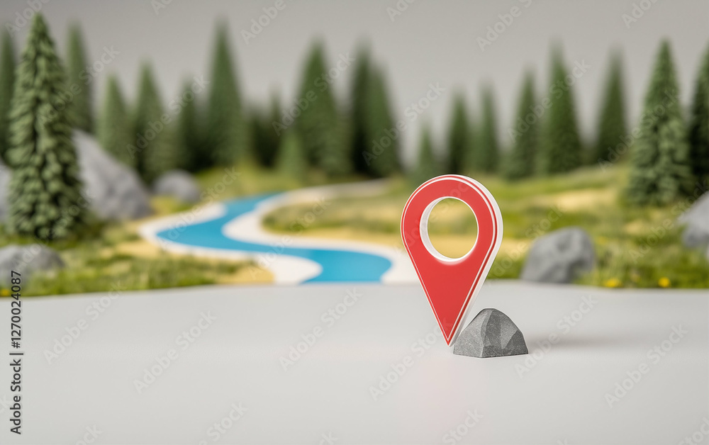 Poster location pin on a rock in forest with river. location pin in nature scene with trees and river