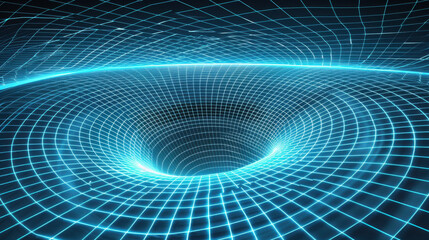 Fototapeta premium mesmerizing digital representation of black hole, featuring glowing grid pattern that illustrates gravitational pull and curvature of space time