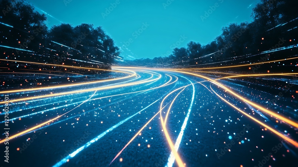 Aufkleber dynamic light trails on a modern road illustrating speed and energy in a night scene : generative ai