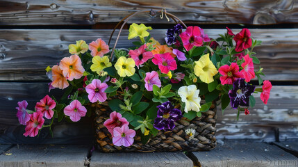 Colorful flowers in woven basket, showcasing vibrant blooms in various shades. This beautiful arrangement adds cheerful touch to any setting