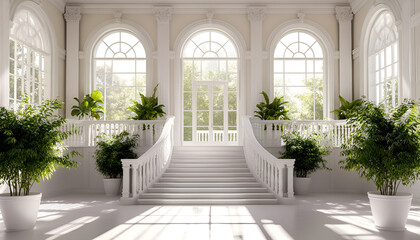 Elegant sunlit grand staircase in classical interior with arched windows