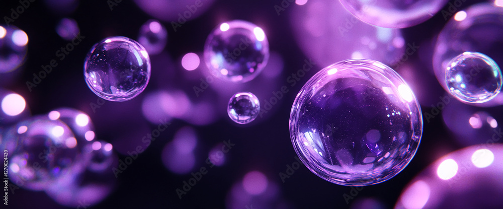 Poster close-up of floating bubbles in a dark purple background, creating an abstract, dreamlike atmosphere