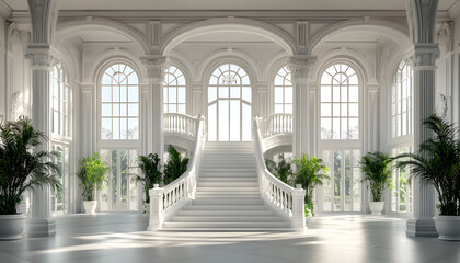 Elegant sunlit grand staircase in classical interior with arched windows