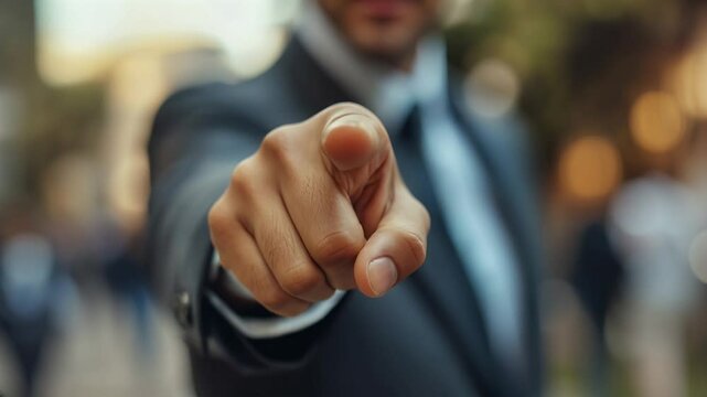 businessman pointing finger to the camera. viewer adressed. interpretations: mativating motivation speech, blame blaming, demanding responsibility, aggressive gesture, critizising, confronting