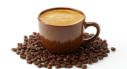 Fresh Coffee Cup and Beans  Studio Shot of a Brown Mug Filled with Hot Coffee, Surrounded by Roasted Coffee Beans on White Background.