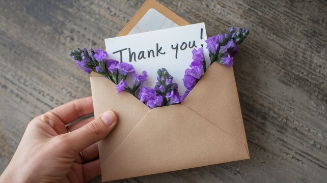 Hand holding a thank you card with purple flowers