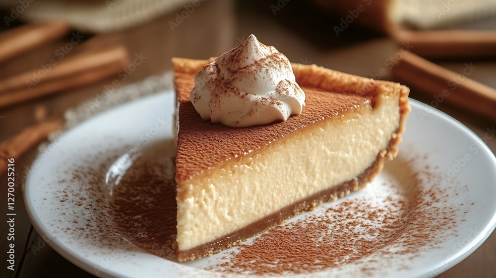 Poster delicious slice of creamy cheesecake topped with whipped cream and cocoa powder on a rustic wooden t