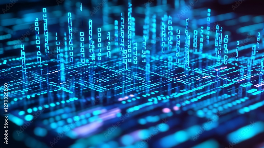 Poster futuristic digital landscape with glowing binary data and vibrant blue lights for technology and inn