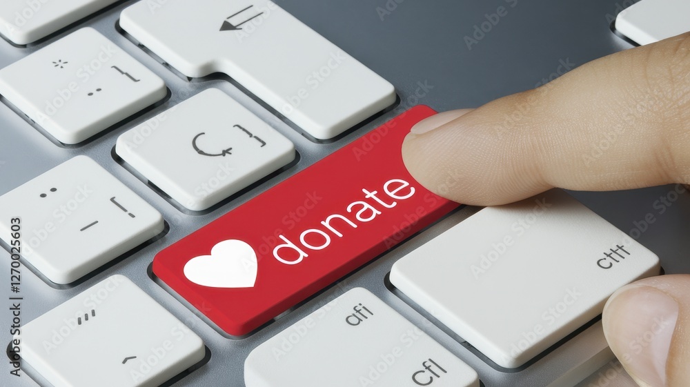 Poster finger presses a donate button on a computer keyboard