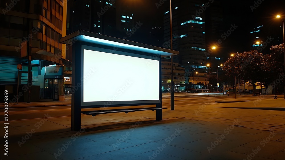 Poster Illuminated empty bus stop at night in a vibrant urban setting with glowing buildings : Generative AI