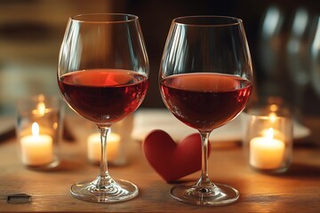 Romantic dinner setting with two glasses of red wine and flickering candles creating a cozy atmosphere : Generative AI