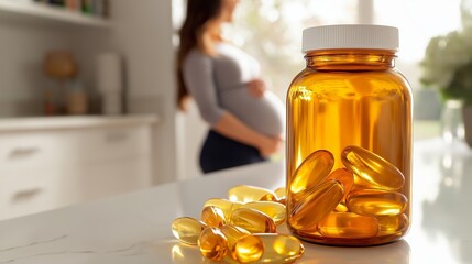 Golden vitamin capsules with a pregnant woman in the background, symbolizing prenatal health, nutrition, and essential wellness support for expecting mothers, Generative AI