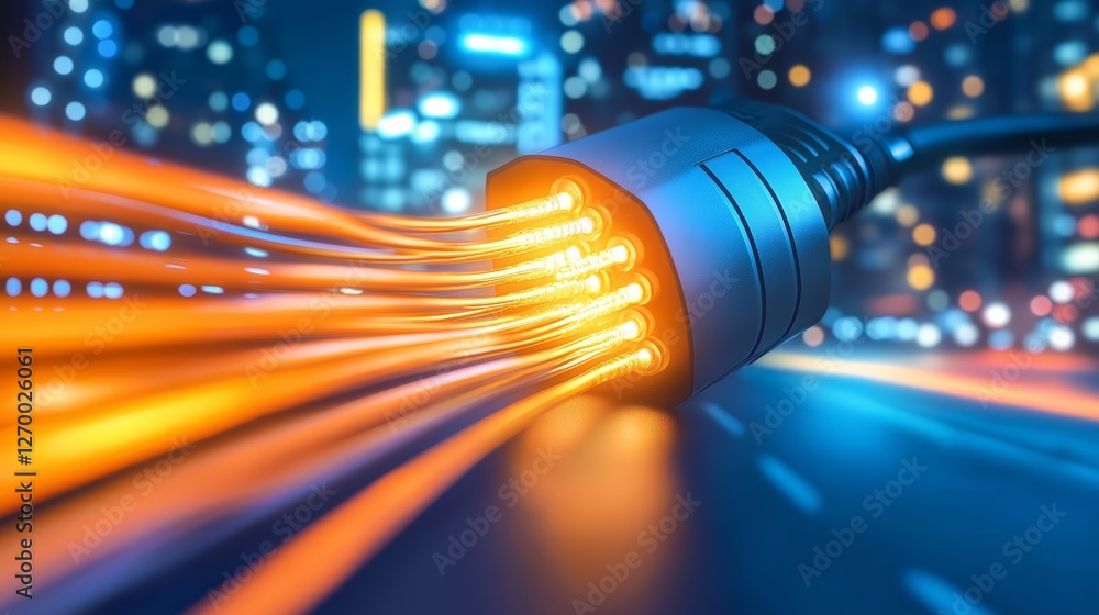 Poster high-speed fiber optic cable emitting glowing data streams, symbolizing cutting-edge internet techno