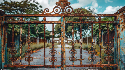 Rusty gate with intricate design leading to pathway surrounded by greenery, evoking sense of nostalgia and abandonment