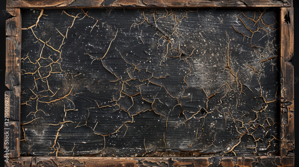 Poster weathered wooden frame with cracked black surface, showcasing rustic and vintage aesthetic. intricat