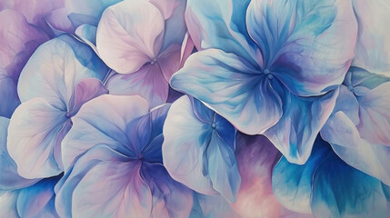 Beautiful blue and purple hydrangea flowers in soft, dreamy style, showcasing delicate petals and serene color palette that evokes tranquility and elegance