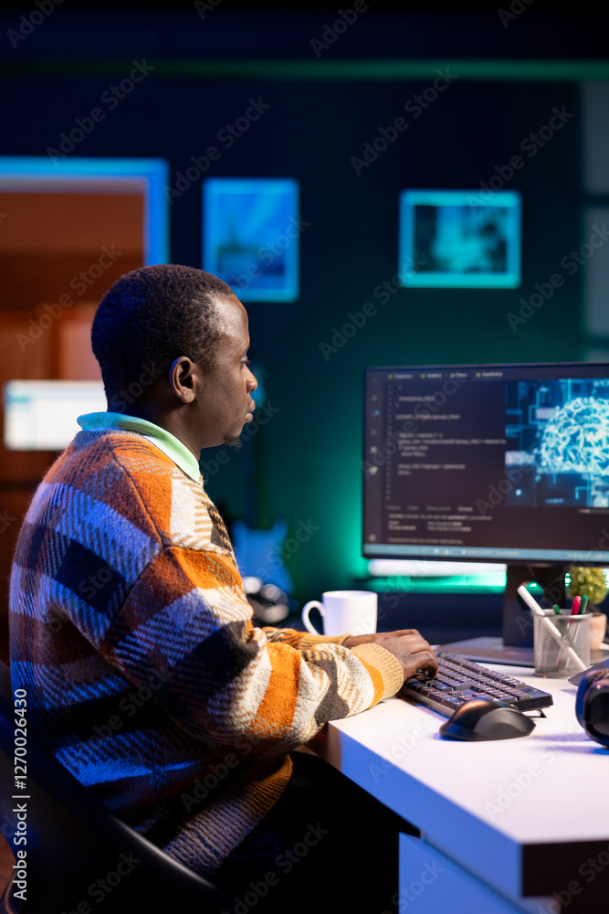 Poster african american it professional managing ai system for machine learning, coding software on termina