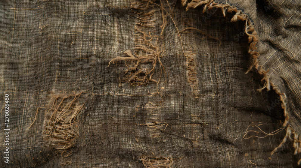 Poster worn fabric with frayed edges and visible threads, showcasing texture and age. this textile highligh