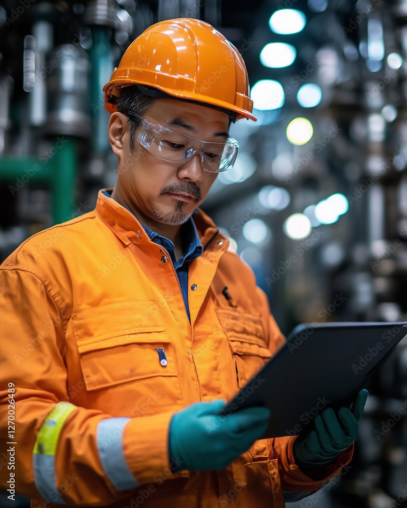 Poster senior worker engaged in tablet usage in a bustling industrial setting
