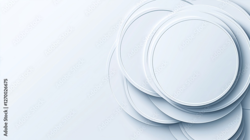 Poster Minimalist abstract composition of overlapping white circular plates, creating depth, harmony, and a futuristic sense of balance in geometric design, Generative AI