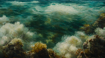 Fototapeta premium Coastal ocean waves crashing on rocky shore, turquoise water, sunlit background, perfect for travel brochures