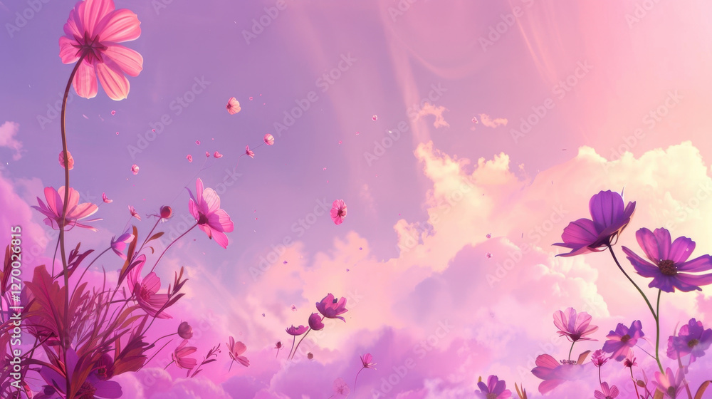 Poster dreamy landscape filled with vibrant flowers against pastel sky, creating serene and enchanting atmosphere. scene evokes feelings of tranquility and beauty