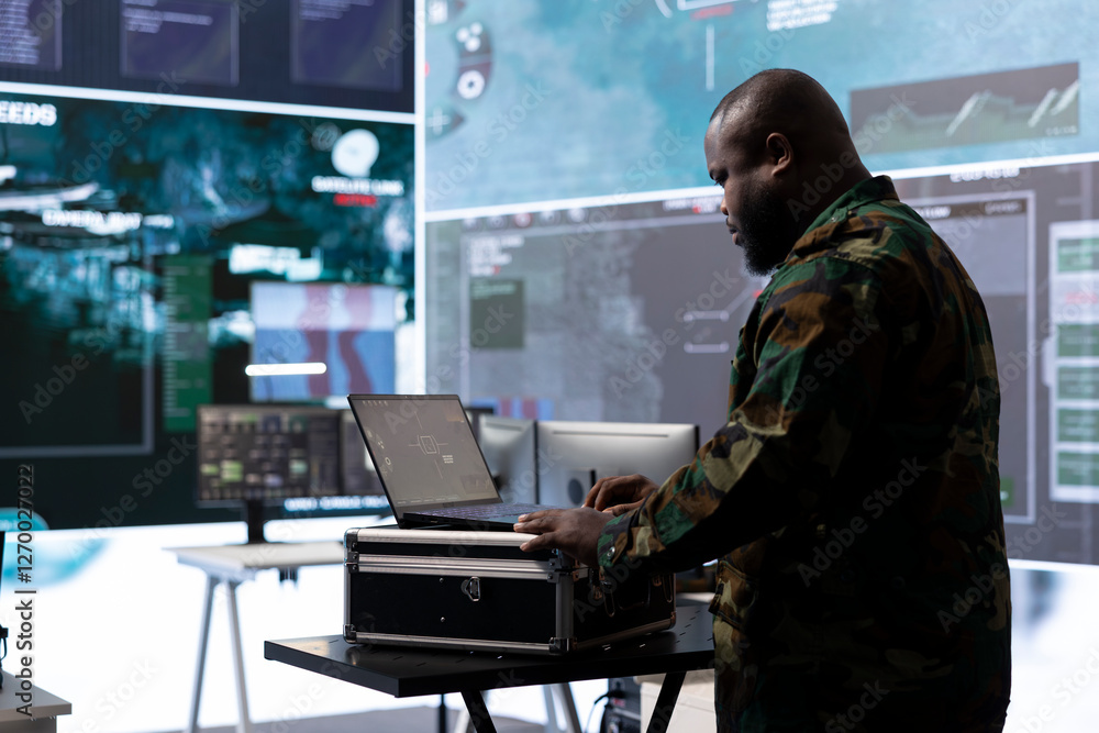 Poster military personnel in a high tech control room gathers intelligence for data integration in crucial 