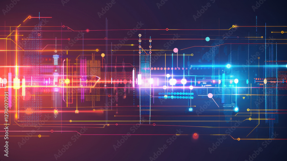 Poster abstract digital background with colorful lines and shapes representing technology and data flow. vi