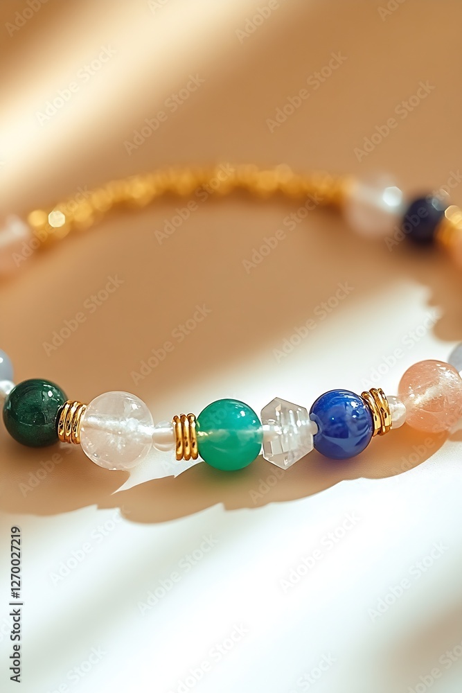 Poster colorful gemstone bracelet with intricate designs and sparkling beads caught in soft sunlight : gene