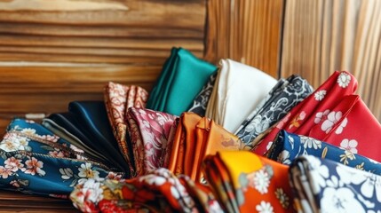 Colorful collection of silk scarves with floral patterns on rustic wooden table in soft natural light