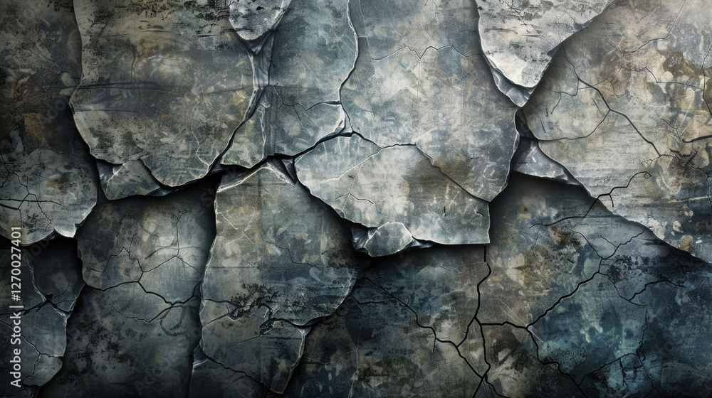 Poster cracked concrete wall with textured surface, showcasing weathered appearance and intricate patterns.