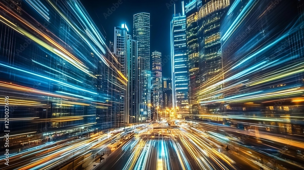 Poster Stunning nighttime cityscape displaying colorful light streaks and fast-moving vehicles in a modern setting : Generative AI