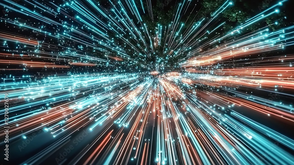 Poster Explosive visual of blue and red data streams creating a stunning display of movement and energy : Generative AI