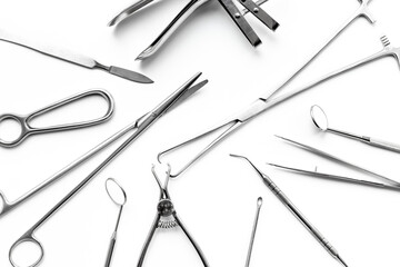 Professional medical equipment - surgery stainless metal instruments on white background. Medical hand tools