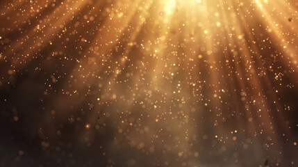 Golden light rays shine through sparkling background, creating magical atmosphere filled with shimmering particles. This enchanting scene evokes feelings of warmth and wonder