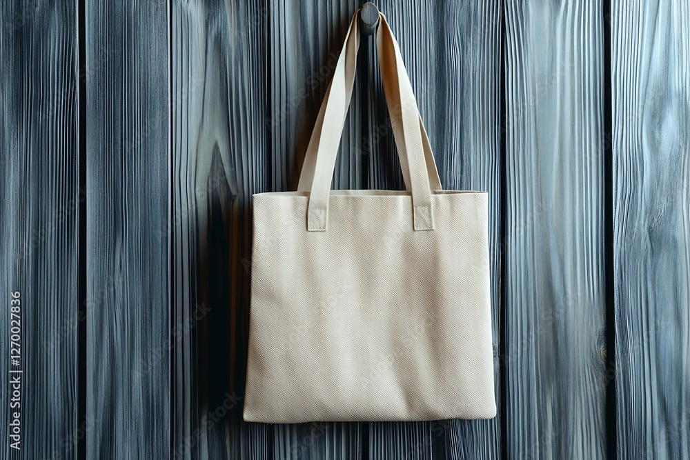 Poster Stylish view of a simple beige tote bag suspended against a textured wood panel backdrop : Generative AI