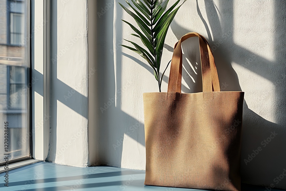 Poster elegant tote bag positioned near a window with a lively plant casting shadows in warm sunlight : gen