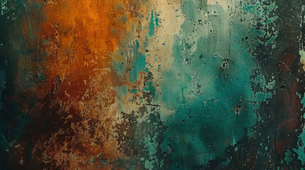 Abstract textured background with orange, teal, and green colors, showcasing blend of hues and patterns that evoke sense of depth and movement