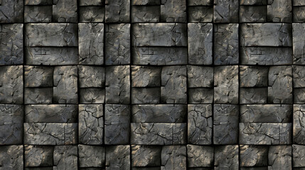 Naklejka premium Textured stone wall pattern with dark gray and black tones, featuring uneven surfaces and rugged appearance, ideal for backgrounds or architectural designs