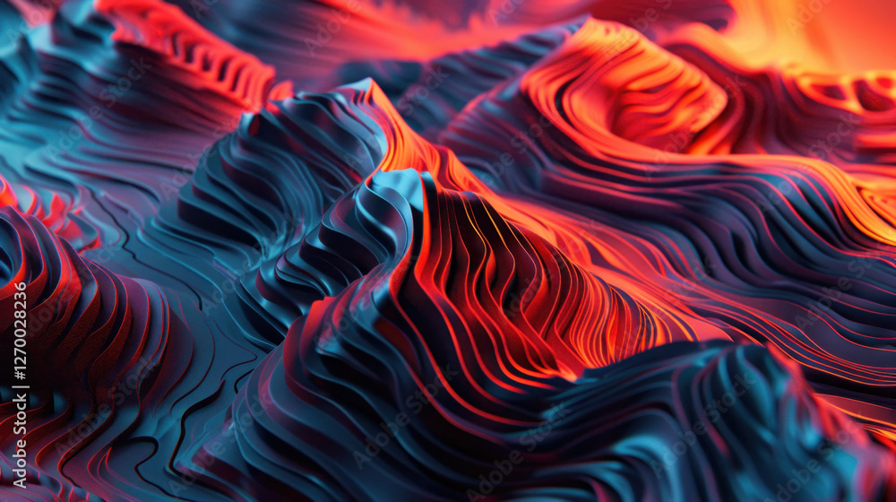 Poster vibrant abstract landscape with flowing waves in red and blue tones, creating dynamic visual effect.